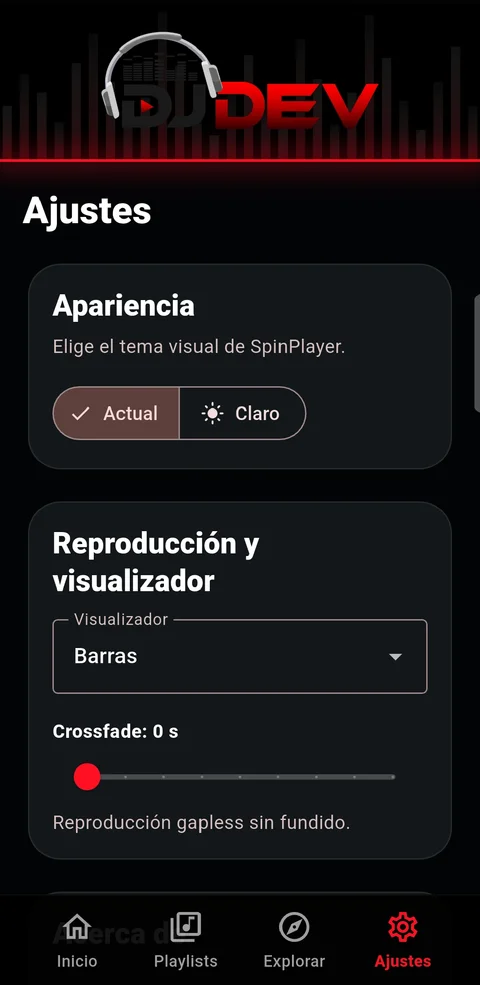Pantalla de ajustes de SpinPlayer con opciones visibles de apariencia, visualizador y reproducción.