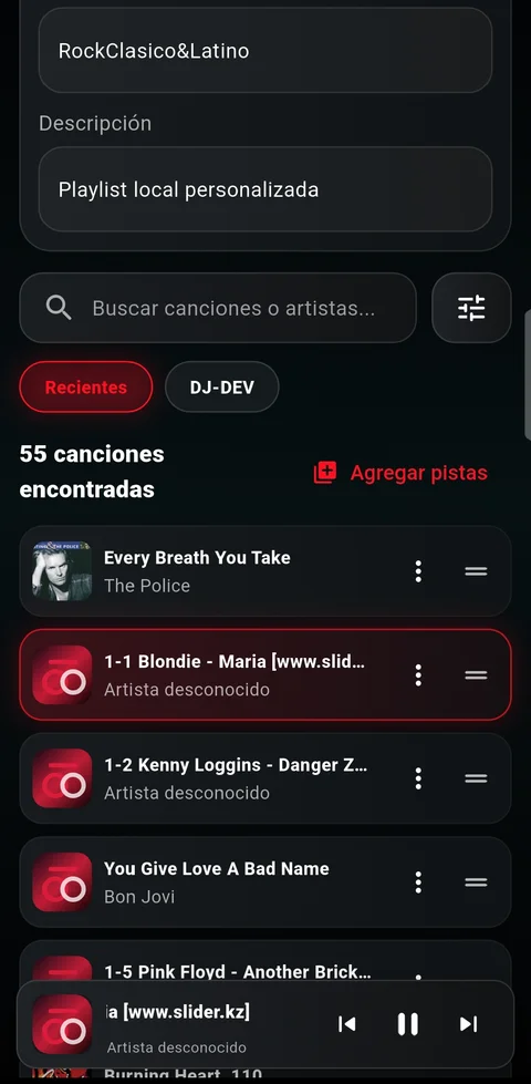 Vista de canciones de una playlist en SpinPlayer con búsqueda, lista de pistas y controles del minirreproductor.