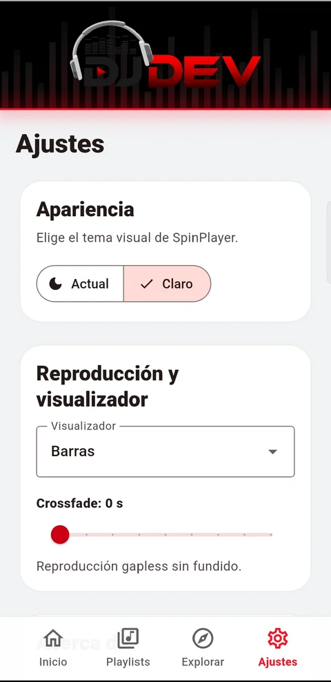 Pantalla de ajustes de SpinPlayer capturada en modo claro con las opciones de apariencia y reproducción.