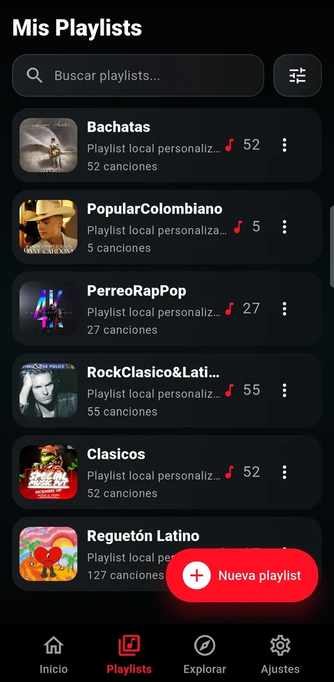 Pantalla Mis Playlists de SpinPlayer con listas de canciones y el control visible Nueva playlist.