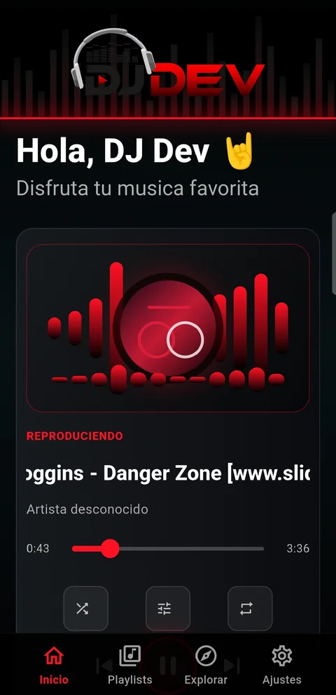 Pantalla de reproducción de SpinPlayer con progreso de la canción y controles de reproducción en una interfaz oscura con acentos rojos.